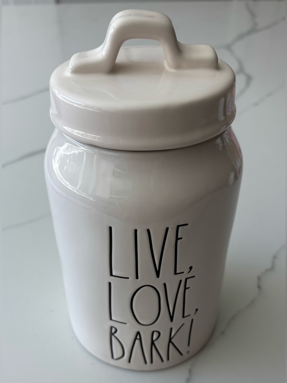 Rae Dunn White Ceramic Canister with Black Lettering - "Live, Love, Bark!"